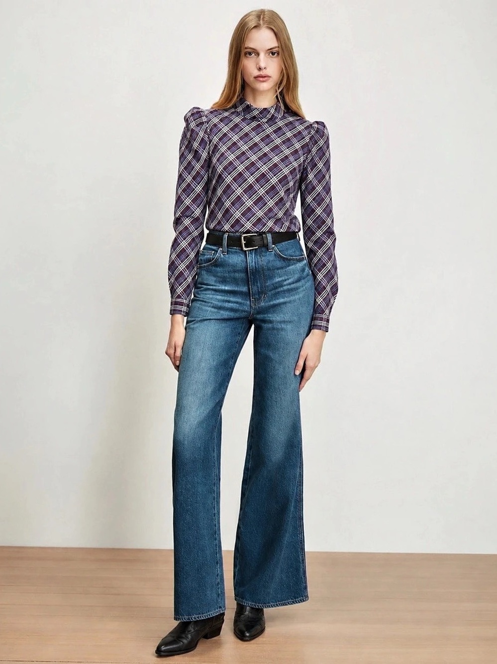 Veronica Beard Isabel Plaid Puff-Sleeve Blouse — Size 8